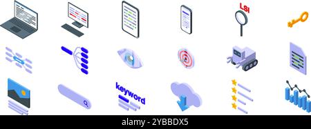 Symbole für LSI-Schlüsselwörter festgelegt. Der Spezialist für Suchmaschinenoptimierung analysiert den Website-Traffic mit Laptops und moderner Software für die Keyword-Recherche Stock Vektor