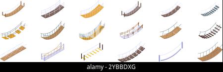 Symbole für Seilbrücken gesetzt. Sammlung isolierter Symbole für verschiedene Arten von Hängebrücken, perfekt für architektonische oder technische Projekte Stock Vektor