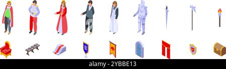 Set mit Symbolen im Saal des Schlosses. Dies ist eine Reihe von mittelalterlichen Charakteren und antiken Reichsattributen mit Ikonen von König und Königin Stock Vektor