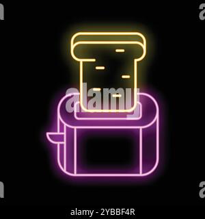 Neon-Toaster mit einer Scheibe Toast innen, glühend auf schwarzem Hintergrund Stock Vektor