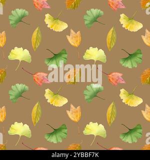 Ginkgo, Herbst hinterlässt nahtloses Muster auf Karamell Hintergrund. Hochwertiges, handgemaltes, detailliertes strukturiertes Aquarell, perfekt für Textilien und Umhüllungen Stockfoto