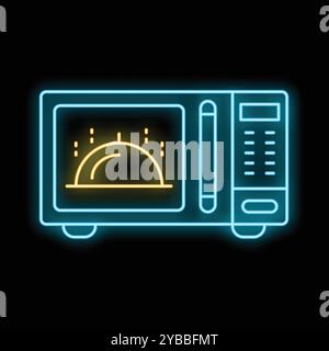 Heller Neonmikrowellenherd mit Schüssel im Inneren erhitzt Lebensmittel auf schwarzem Hintergrund Stock Vektor