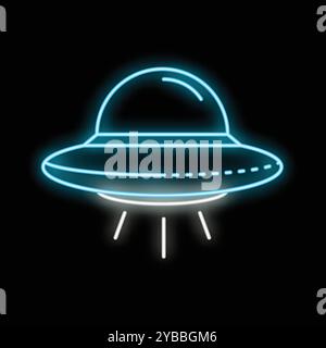 Blaues Neonzeichen eines klassischen UFO-Raumschiffs schwebt im Dunkeln und strahlt Lichtstrahlen aus Stock Vektor