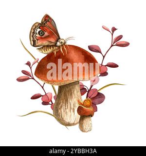 Schmetterling, Boletenpilz und Schneckenkomposition. Isolierte Aquarellfarben handgemalte botanische elegante Vintage-Illustration. Set mit Blumenmuster im Herbst Stockfoto