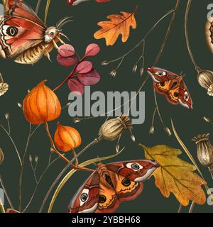 Schmetterlinge, Blätter, Mohnzwiebeln Herbst elegantes botanisches Muster. Nahtlose stilvolle Aquarellillustration auf dunklem Hintergrund. Saisonales Textil Stockfoto