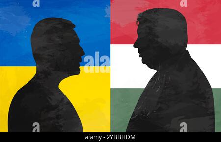 Silhouette von Wiktor Orban und Wolodymyr Zelenskij vor dem Hintergrund der Flaggen der Ukraine und Ungarns. Stockfoto