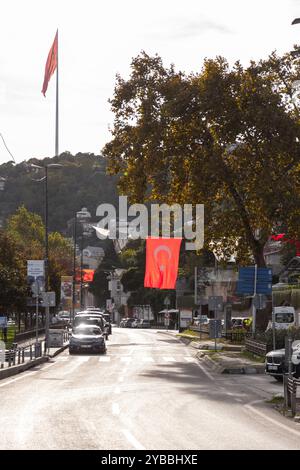 Istanbul, Turkiye - 14. Oktober 2024: Große türkische Fahnen und Atatürk-Plakate hängen in Kurucesme in Besiktas, Istanbul. Stockfoto