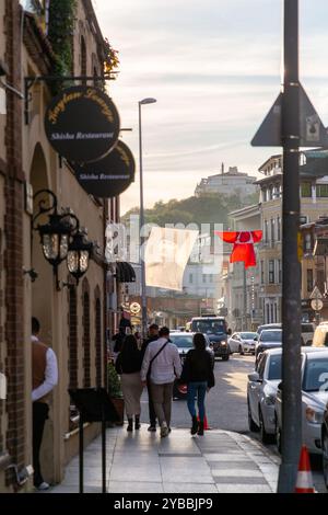 Istanbul, Turkiye - 14. Oktober 2024: Große türkische Fahnen und Atatürk-Plakate hängen in Ortakoy in Besiktas, Istanbul. Stockfoto