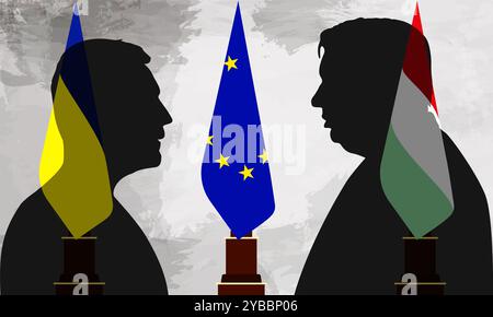 Juli 2024. Kiew. Silhouette von Viktor Orban und Wolodymyr Zelenskyy. Den Hintergrund der Flaggen Ungarns, der Ukraine und der Europäischen Union zu gewinnen Stockfoto