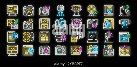 Leuchtende Neonsymbole der Fotoindustrie mit Bearbeitungs-, Aufnahmemöglichkeiten, Ausrüstung und mehr visuellen Konzepten zur Erstellung von Inhalten Stock Vektor
