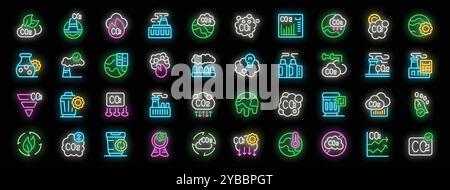 Entdecken Sie eine lebendige Sammlung von Neonsymbolen, die co2-Emissionen, Umweltverschmutzung und die dringende Notwendigkeit von Umweltschutzmaßnahmen darstellen Stock Vektor