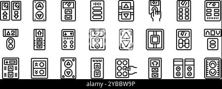 Symbolsatz für das Bedienfeld des Elevators. Dieses Set an Symbolen für die Aufzugstasten veranschaulicht verschiedene Designs und Funktionen moderner Aufzüge Stock Vektor