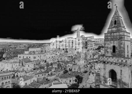 Matera ist eine Stadt auf einem Felsvorsprung in der Region Basilicata in Süditalien. Es ist die Heimat der Sassi. Stockfoto