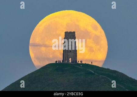 Glastonbury, Somerset, Großbritannien. Oktober 2024. Wetter in Großbritannien. Der volle Supermond der Hunters schwingt den St Michael’s Tower am Glastonbury Tor in Somerset, während er sich hinter dem Wahrzeichen erhebt, während sich eine Menschenmenge auf dem Hügel versammelt, um zu beobachten. Bildnachweis: Graham Hunt/Alamy Live News Stockfoto