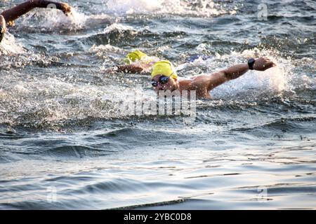 Triathlet schwimmt im offenen Wasser, trägt eine gelbe Badekappe Stockfoto