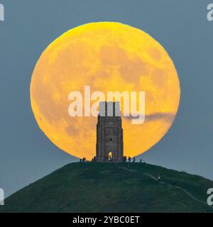 Glastonbury, Somerset, Großbritannien. Oktober 2024. Wetter in Großbritannien. Der volle Supermond der Hunters schwingt den St Michael’s Tower am Glastonbury Tor in Somerset, während er sich hinter dem Wahrzeichen erhebt, während sich eine Menschenmenge auf dem Hügel versammelt, um zu beobachten. Bildnachweis: Graham Hunt/Alamy Live News Stockfoto