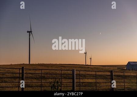 Eine Windturbine steht hoch auf einer Weide bei Sonnenuntergang. Stockfoto