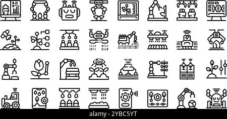 Roboter erntet Symbolsatz. Diese Symbolreihe zeigt die Integration von Spitzentechnologien in der Landwirtschaft und hebt das Potenzial intelligenter Landwirtschaftspraktiken hervor Stock Vektor