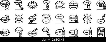 Symbole für Lippeninjektionen gesetzt. Dieses Symbol-Set, das die Lippenvergrößerung darstellt, enthält verschiedene Methoden zur Injektion von Hyaluronsäure zur Lippenverstärkung Stock Vektor