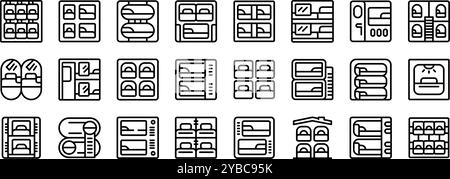 Kapsel Hotel Icons Set. Hotelsymbole in Kapseln im Linienstil mit kompakten Schlafkapseln für preisbewusste Reisende Stock Vektor