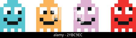 Vier verschiedene Pac-man-Charaktere mit lächelnden Gesichtern Stock Vektor