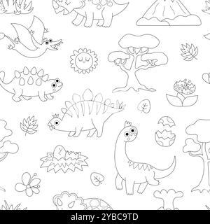Nahtloses Muster des Vektors in Schwarz und weiß. Linie prähistorische Tierwiederholung Hintergrund. Dino Digitalpapier oder Ausmalseite mit Pterodactyl, Ste Stock Vektor