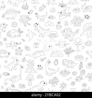 Nahtloses Muster des Vektors in Schwarz und weiß. Linie prähistorische Tierwiederholung Hintergrund. Dino Digitalpapier oder Ausmalseite mit Pterodactyl, Ste Stock Vektor