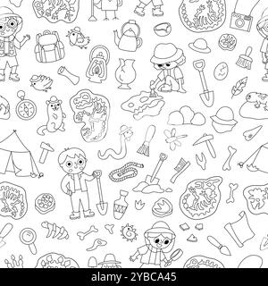 Vektorschwarzes und weißes Paläontologen-nahtloses Muster. Linie prähistorische Tierwissenschaftler wiederholen Hintergrund. Dino Researcher Digitalpapier oder Färbung Stock Vektor