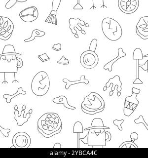 Vektorschwarzes und weißes Paläontologen-nahtloses Muster. Linie prähistorische Tierwissenschaftler wiederholen Hintergrund. Dino Researcher Digitalpapier oder Färbung Stock Vektor