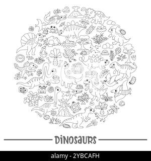 Schwarzer und weißer Dinosaurier-Rundrahmen mit Pterodactyl, Stegosaurus, Triceratops, T-Rex. Design für prähistorische Tierkarten. Dino-Teil Stock Vektor