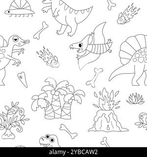 Nahtloses Muster des Vektors in Schwarz und weiß. Linie prähistorische Tierwiederholung Hintergrund. Dino Digitalpapier oder Ausmalseite mit Pterodactyl, T-R Stock Vektor