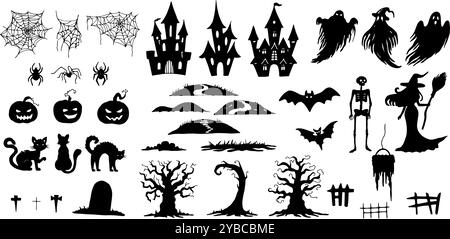 Verschiedene Halloween-Silhouettenelemente. Abbildung Schwarzweiß-Formen. Handgezeichneter grafischer Clip. Linienskizze von Geistern mit Hexe und Stock Vektor