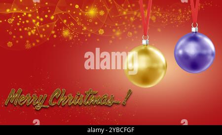 Ein leuchtend roter festlicher Hintergrund zeigt eine glitzernde frohe Weihnachtsbotschaft mit einem auffälligen roten Ornament, die Feierlichkeiten und Freude ausstrahlt. Stockfoto
