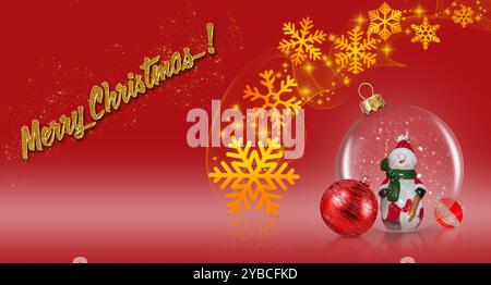 Lebendiges Weihnachtsmotiv mit einem Schneemann in einer Glaskugel, glitzernden Schneeflocken und Weihnachtsschmuck auf rotem Hintergrund. Stockfoto