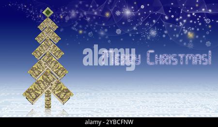 Ein einzigartiger Weihnachtsbaum aus Leiterplatten mit einer festlichen Botschaft. Schneeflocken schweben um einen digitalen Hintergrund Stockfoto