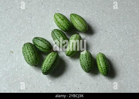 Ganze kleine, grün gestreifte Früchte von Cucamelon, Melothria Skabra. Stockfoto