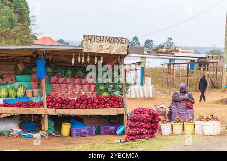 Obst- und Gemüsestand am Straßenrand, in der Nähe von Nairobi, Kenia, Afrika Stockfoto