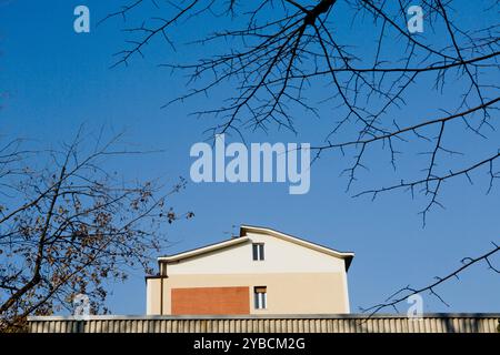 Ein von Baumästen eingerahmtes Gebäude vor einem klaren blauen Himmel – Eine Mischung aus urbanen und natürlichen Elementen Stockfoto