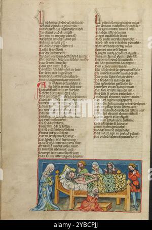 Der Tod Noahs; Weltchronik, um 1400-1410. Im Alter von 950 Jahren starb Noah, der Gottes Geschöpfe durch die Flut hütete. Er hinterließ drei Söhne, von denen die menschliche Rasse nach der Bibel abstammte. Die Beleuchtung visualisiert seinen Tod in zeitgenössischer Hinsicht: Der ältere Patriarch liegt in einem einfachen Holzbett, das mit einer Decke bedeckt ist und von Mitgliedern seiner Familie besucht wird. Diese Miniatur vervollständigt den Teil der Weltchronik, die dem Leben Noahs gewidmet ist. Die Geschichten aus dem Buch Genesis gehen auf der gegenüberliegenden Seite mit der Geschichte des Turms von Babel fort, gem Stockfoto