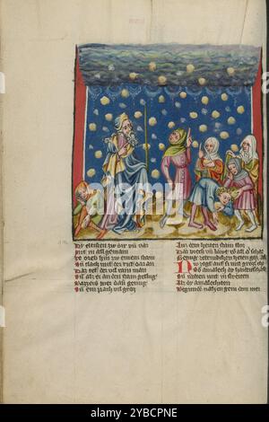 Die Israeliten sammelten Manna vom Himmel; Weltchronik, um 1400–1410. Stockfoto