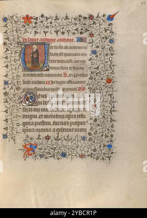 Initial V: Abt des Heiligen Antonius; Buch der Stunden um 1420. Anthony wird dafür verantwortlich gemacht, dass er bei einer Reihe von wundersamen Heilungen geholfen hat, vor allem durch Ergotismus, der als „St. Anthony's Fire“ bekannt wurde. Der heilige wird gegen Infektionskrankheiten, insbesondere Hautkrankheiten, berufen, von denen viele in der Vergangenheit als das Feuer des Heiligen Antonius bezeichnet wurden. Stockfoto