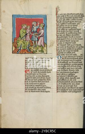 Moses und Pharaonenkrone; Moses essen die brennenden Kohlen; Weltchronik, um 1400–1410. Stockfoto