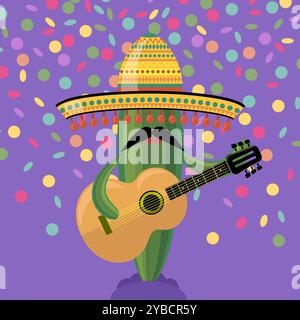 Vektor-grüner Kakteen mit musikalischer Gitarre. Cinco de Mayo-Symbol auf Konfetti-Hintergrund. Stock Vektor