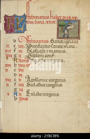 Februar Kalenderseite; Hacken; Buch der Stunden, ca. 1460. Stockfoto
