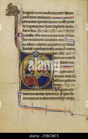 Initial D: Die Dreifaltigkeit; Wenzel Psalter, um 1250–1260. Zusätzliche Informationen: Ein Bild der Dreiheit füllt das erste D, das einen der acht Hauptabschnitte der Psalmen im Psalm öffnet. Oben auf der Szene und unter einem Tierkopf steigt eine Taube, die den Heiligen Geist repräsentiert, zu zwei sitzenden Figuren mit gekreuzten Nimbusen hinab. Die beiden Figuren halten Bücher und heben die Hände zum Segen. Sie stellen Gott den Vater und Jesus Christus dar, die zusammen auf einer Bank sitzen. Diese Präsentation wurde von dem Text aus Psalm 109 inspiriert: Dixit d[omi]n[u]s domino meo: Sede a dextris meis (der Herr sagte Stockfoto