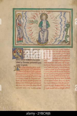 Die Frau in der Sonne gekleidet; Dyson Perrins Apocalypse, um 1255–1260. Weitere Informationen: Mittelalterliche Kommentatoren interpretierten diese Frau als Repräsentanten der Jungfrau Maria. In den folgenden Zeilen wird die Frau als schwanger und in den Kehlen einer schmerzhaften Geburt beschrieben. In der Miniatur, während John feierlich anschaut, hält sie ihren geschwollenen Bauch mit beiden Händen fest; weiße und rote Flammen strahlen von ihr aus, was darauf hindeutet, dass sie „mit der Sonne bekleidet ist. Zitat Text: Dieser Abschnitt der Apokalypse beschreibt, wie ein großes Zeichen im Himmel erschien: Eine Frau, die mit der Sonne bekleidet war, und der Mond Stockfoto