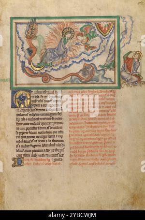 Die Frau in der Sonne gekleidet; Dyson Perrins Apocalypse, um 1255–1260. Weitere Informationen: Vom Rand rechts auf der Seite sieht der Heilige Johannes die Vision von „einer Frau, die mit der Sonne bekleidet ist, und dem Mond unter ihren Füßen, und auf ihrem Kopf eine Krone von zwölf Sternen“, die im zwölften Kapitel der Apokalypse aufgezeichnet wurde. Die Frau lehnt sich auf zerklüfteten Farbbändern zurück, während sie hinter ihren glühenden Sonnenstrahlen leuchtet. Unter ihrem Gewand bringt sie ein Kind hervor, das sie einem Engel übergibt, um ihn vor dem Drachen hinter ihr zu retten. Der Engel wird das Kind zum Schutz Gottes überliefern. Stockfoto