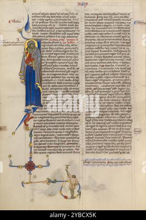 Initial I: Jungfrau und Kind; Abteibibel, um 1250–1262. Zusätzliche Informationen: Eine stehende Jungfrau Maria mit dem Jesuskind ziert die erste Initiale des Buches Esther. Die jüdische Königin Esther ist dafür bekannt, als Fürsprecherin für das jüdische Volk zu handeln. Das Buch des Alten Testaments, das ihren Namen trägt, erzählt von dem Appell, den sie an den persischen König Ahasveros richtete, um die Juden vor einem drohenden Massaker zu retten. Aus diesem Grund wurde Esther als heldenhaftes Modell gelobt und mit der Jungfrau Maria in Verbindung gebracht, die mittelalterliche Christen als Fürsprecherin für Christus sahen. Dieses Manuskript ist hoch Stockfoto