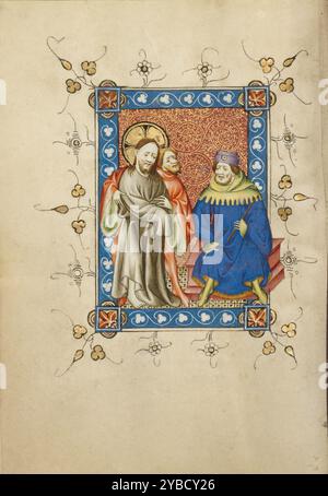 Christus vor Pilatus; Stundenbuch, um 1405-1410. Zusätzliche Informationen: Die Miniaturen im Stundenbuch der Meister von Dirc van Delf stellen eine Reihe von Ereignissen aus der Passion Jesu dar, die bis zur Kreuzigung führten. In diesem Zusammenhang dient die Miniatur Christi vor Pilatus als visueller Fokus für die folgenden Gebete. Pilatus, der römische Präfekt in Jerusalem, der dem Prozess Jesu vorstand und den Befehl zur Kreuzigung gab, sitzt auf einem Thron. Jesu trauriger, aber geduldiger Ausdruck deutet darauf hin, dass er sein Schicksal akzeptiert. Diese Konfrontation zwischen Pilatus und Christus Stockfoto