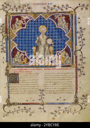 Christus in der Majestät und die vier Evangelisten mit ihren Symbolen, um 1360–1370. Zusätzliche Informationen: Die historische Bibel beginnt mit der Frontispion Christi in Majestät, in der die vier Evangelisten ihre Evangelien in den Ecken schreiben. Obwohl Jesu Geschichte erst später in der biblischen Erzählung erzählt wird, verbindet seine Darstellung hier die alttestamentliche Schöpfungsgeschichte, die die Bibel öffnet, mit der zukünftigen Geburt Christi, wobei betont wird, dass jede einzelne biblische Erzählung als Teil des Fortschritts der christlichen Geschichte angesehen werden kann. Die Miniatur zeigt anmutige Figuren, die gewundene Vorhänge tragen Schmerzen Stockfoto